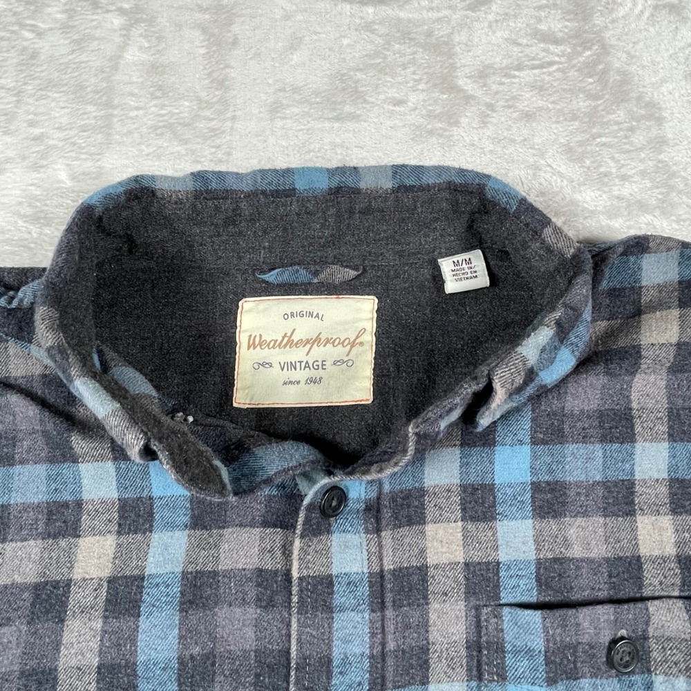 Weatherproof Vintage Flannel Shirt Mens Medium Blue Gray Plaid Button Up - Picture 3 of 6